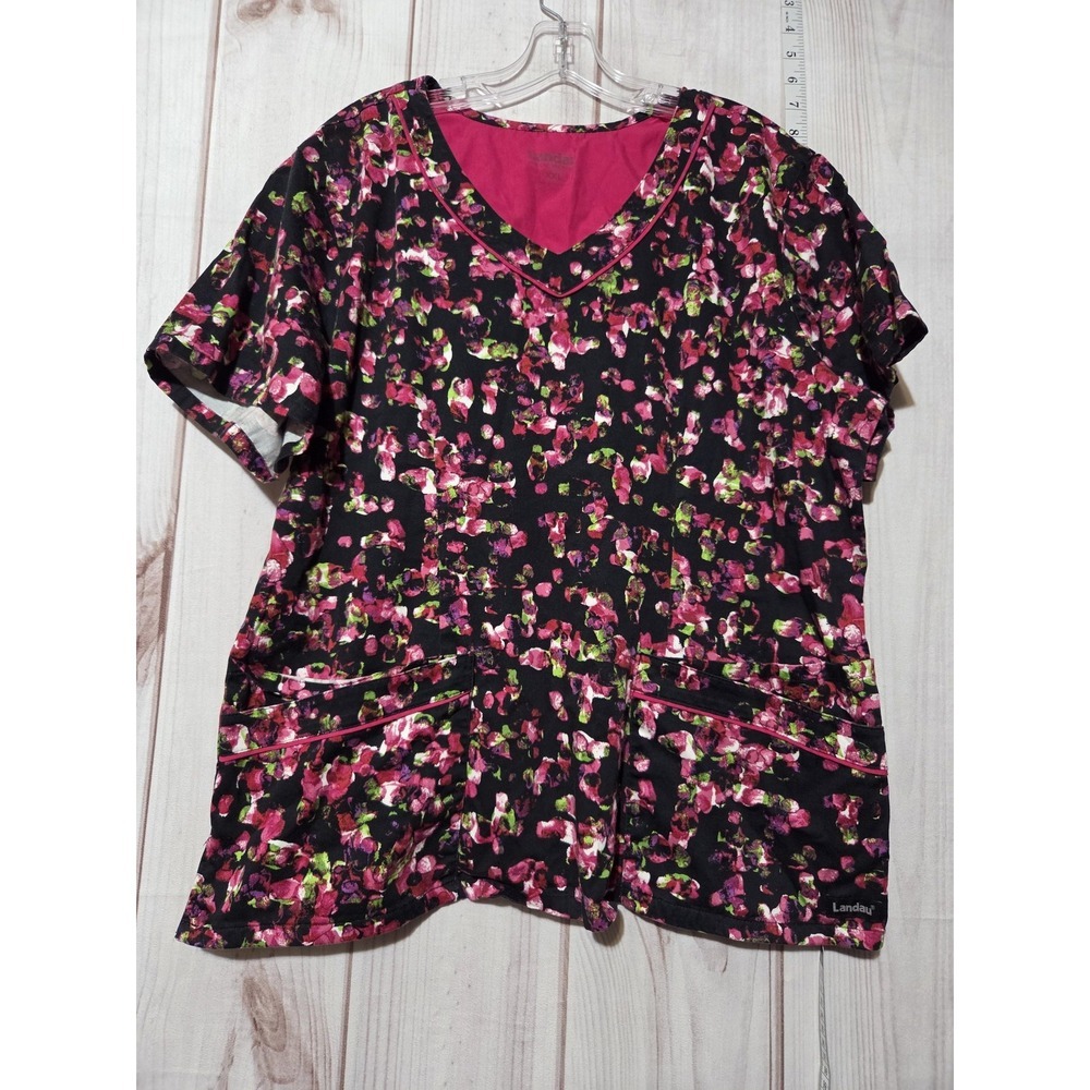 Landau Scrub Top Womens 2XL Black Pink Floral Print Short Sleeve Pockets Nursing